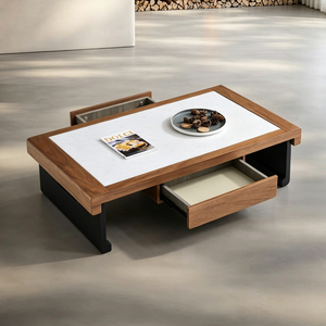 Moderner Couchtisch aus Walnussfurnier mit Mikrokristalliner Steinplatte, Doppelschubladen und passendem Glas-Beistelltisch - Product Image 4