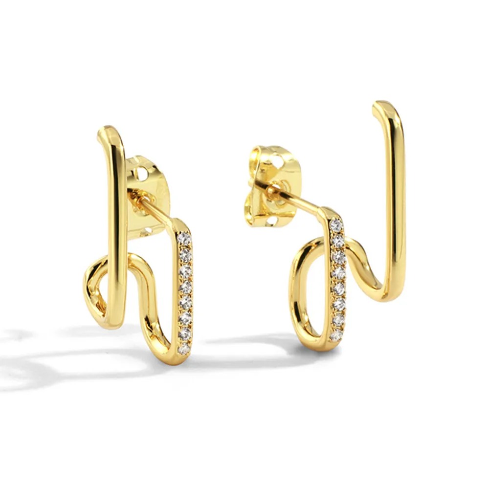 New Gold Double Line Stud Earrings Thin Line Geometric Clip On Earrings For Women CZ Stone Minimalist Earrings
