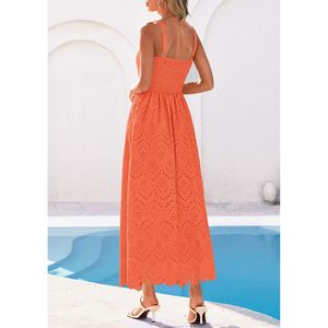 Robe longue d'été sans manches pour femme, col carré, à œillets, coupe trapèze fluide, pour les vacances à la plage, en tissu tissé respirant - Product Image 4