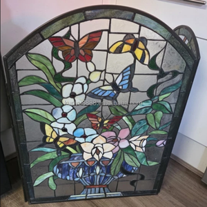 Stained Glass Fireplace <b>Screen</b> 3 <b>Panels</b> Floral Design Traditional <b>Decor</b> Blue Color Rectangle Shape Artistic <b>Decoration</b> 110*70CM - Product Image 4