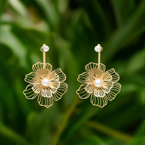 Pendientes de Moda con Baño de Oro, Acero Inoxidable 316L, Diseño de Flor con Centro de Perla - Product Image 3