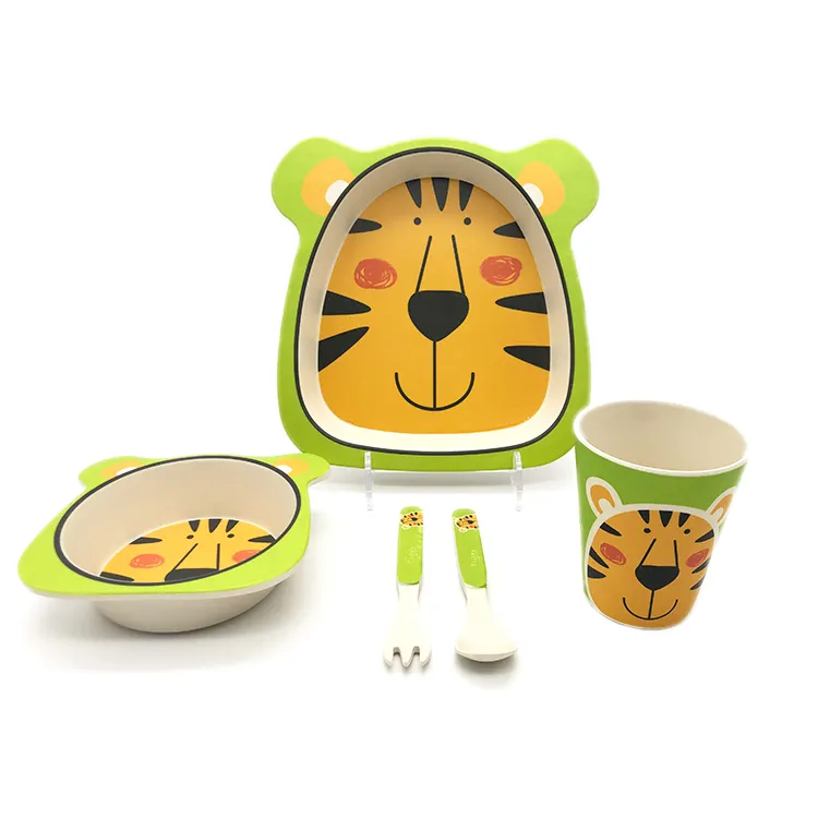 Set Peralatan Makan Anak Motif Serat Bambu, Set 5 Buah Kartun Bentuk Khusus Harimau