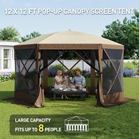 Tonnelle Pop-Up Hexagonale avec Fenêtres en Maille, Abri Extérieur, Sac de Transport, Grande Ombre pour Camping, Jardin, Patio, Pelouse, Marron