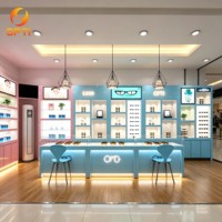 Comptoir d'exposition optique personnalisé à LED bleues pour magasin, vitrine de présentation de lunettes de soleil en ligne pour centre commercial, meuble pour l'intérieur de magasin de vente de lunettes