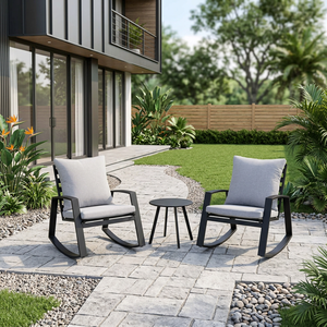 Ensemble de chaises à bascule d'extérieur en aluminium de haute qualité, modernes, contemporaines, avec coussins gris KD, pour jardin, villa, hôtel, terrasse, loisirs - Product Image 1
