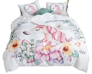 Set Tempat Tidur Kartun Unicorn Anak-anak, Motif Digital 3D Desain Disesuaikan 100% Katun Seprai Set untuk Penggunaan Rumah Gadis Selimut Penutup