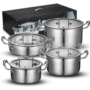 304 Stainless Steel Hammered Cookware Set 4 Pieces Oven Safe Rust Proof Kitchen Pots With Lids - Product Image 1