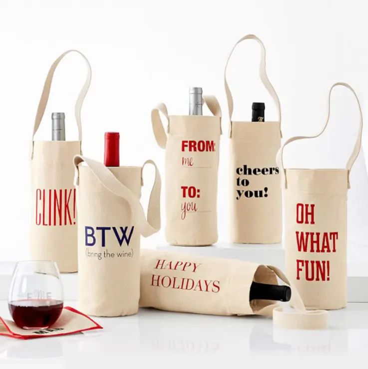 Promosi penjualan laris baru menerima Logo kustom tas Tote anggur kanvas botol tunggal