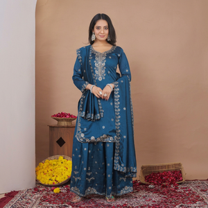 Blue Vichitra Silk Embroidered Indian Pakistani Traditional <b>Wedding</b> <b>Suit</b> <b>Women</b> Floor-Length Regular Fit Wrinkle Free - Product Image 1