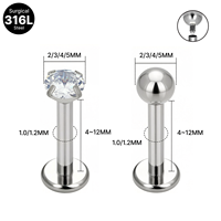Vente en gros de bijoux de piercing corporel tendance en acier inoxydable 316L 16G à filetage interne, type labret, pour cartilage, tragus, hélix, nez et lèvre
