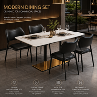 Ensemble de table à manger rectangulaire en pierre frittée moderne avec base dorée et chaises rembourrées noires, mobilier commercial pour hôtel et restaurant