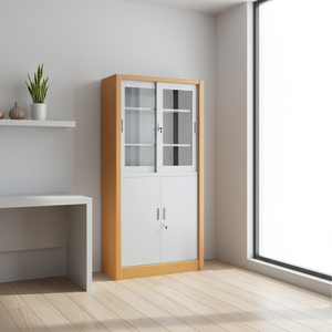 Meubles de bureau en métal, armoires à dossiers avec portes coulissantes en verre, garde-corps en bois, armoire de rangement avec étagères réglables - Product Image 1