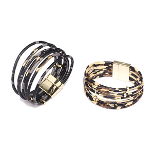 Gelang perhiasan kulit buatan tangan gesper <span class=keywords><strong>Magnet</strong></span> Aloi pesona manik-manik emas bungkus lebar kulit macan tutul multi-lapisan - Product Image 3