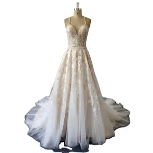 Spaghetti Strap design A-line sleeveless high quality fancy lace champagne wedding dress