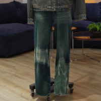 Ensemble deux pièces en jean imprimé toile style tribal rétro et pantalon vintage délavé, coupe ample et respirante, respectueux de l'environnement