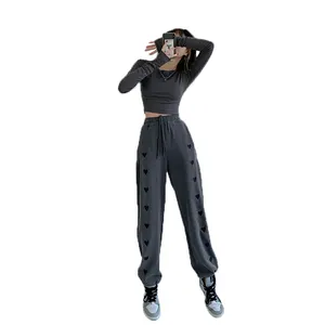 High Quality Casual Heart Embroidery High Waisted <b>Pleated</b> Drawstring Workout <b>Women</b> Joggers Custom Logo <b>Trousers</b> - Product Image 1
