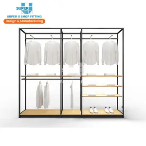 Système de présentoir de vêtements de mur de détail en métal Boutique présentoir étagère en bois meubles de magasin LED lumière présentoir de détail