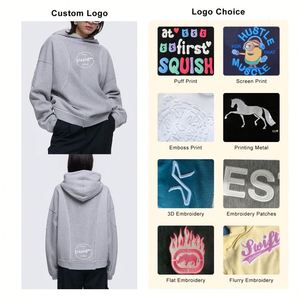 Sudadera de algodón polar para mujer, bordada con hombros caídos Sudadera con capucha, logotipo personalizado gris, Sudadera con capucha de gran tamaño personalizada - Product Image 6