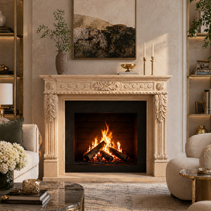 Cheminée en marbre personnalisée, moderne, sculptée à la main, de luxe, en marbre Galala Beige / Galala, avec manteau de cheminée en marbre et cadre de cheminée en marbre - Product Image 6