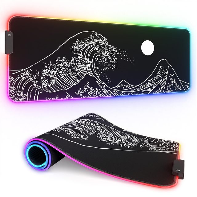 Japanese Waves RGB Gaming Mouse Pad, Full Desk XL Extended Large Gaming Mousepad, 12 Lighting Modes Big LED Desk Mat for Gamers