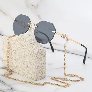 Partagas 2023 Fashion Trendy Designer Rimless Polygon UV400 Protection Women Female Sun Glasses Shades Sunglasses with Chain