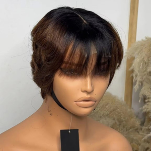 Parrucche Corte Pixie Cut in <span class=keywords><strong>Capelli</strong></span> Umani per Donne di Colore, Senza Colla, Pre-Piumate, Ricci <span class=keywords><strong>con</strong></span> Frangia, Nero Naturale - Vendita all'Ingrosso - Product Image 2
