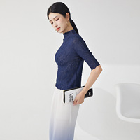 Haut plissé pour femme en gros, texture bulle en relief, col montant, haute extensibilité, style Miyake