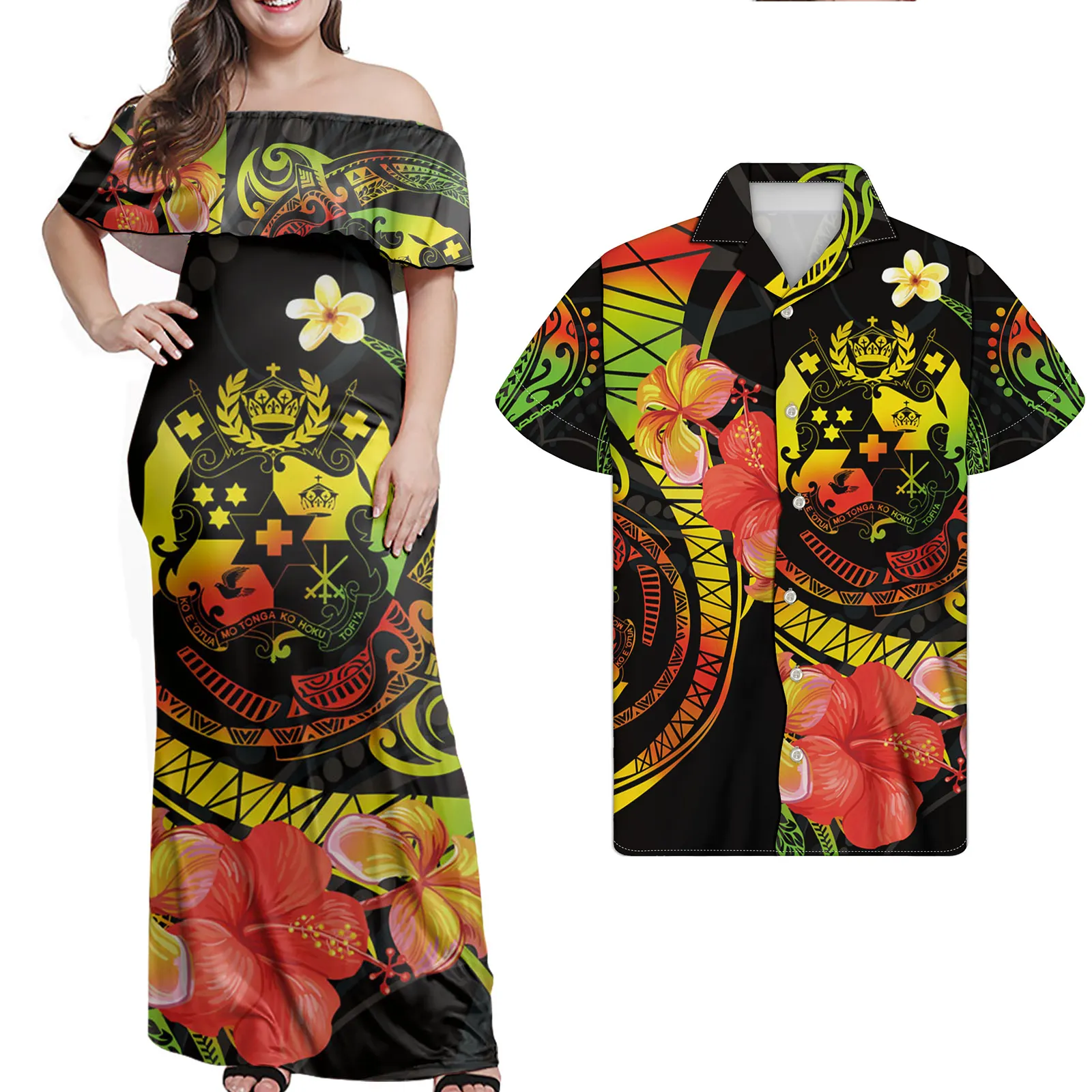 Set Pasangan Polynesia Pakaian Grosir Tonga Cetakan Sesuai Permintaan Kustom Gaun Ukuran Plus Wanita Yang Cocok Kemeja Pria MOQ 1