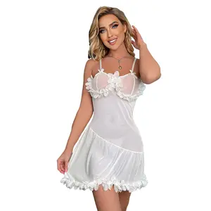 轻纱布透明性感白色花瓣法兰吊带裙MIDI女士性感内衣睡衣内衣