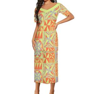 New Style Layered Ruffle V-Ausschnitt Puletasi Samoan Kleid Gute Qualität Polynesian Samoan Tribal Long Top und Röcke 2-teiliger Anzug - Product Image 1