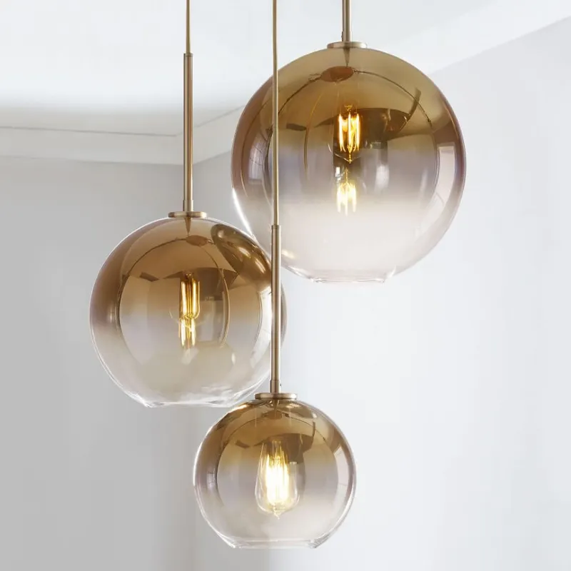 Iluminação doméstica moderna e27, lâmpada clássica dourada e prateada de vidro com bola de bolha