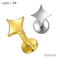 Piercing d'oreille en titane ASTM F136 à filetage interne, étoile à quatre branches, plaqué or, hypoallergénique, pour hélix, tragus, labret
