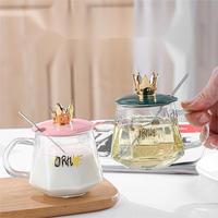 Mug à café avec poignée en forme de couronne, tasse en verre de bureau de haute qualité avec couvercle et cuillère, tasse à eau résistante à la chaleur pour filles