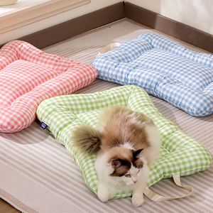 Cama a cuadros lavable a máquina para perros pequeños y gatos con almohada en forma de U - Product Image 3