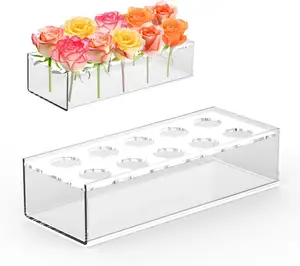 Jarrones de flores acrílicas-Centro de mesa floral transparente para mesa de comedor, florero de acrílico transparente de 9,87 pulgadas Rectangular 10 Hoels