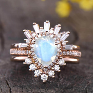 Anillo de cóctel chapado en oro rosa para mujer con piedra natural talla pera, engaste pavé y diseño floral, anillo de compromiso de lujo - Product Image 2