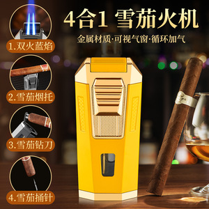Dual Direct Fire Cigar <b>Lighter</b> Gold <b>Windproof</b> Multi Functional Gift Accessory Cigar punch cigar pin cigar holder - Product Image 2