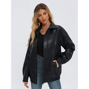 2025 2024 <b>Women's</b> Oversized Faux Suede Leather Jacket Lapel <b>Collar</b> Solid Pattern Zip-Up Motorcycle Coat Fall Outfit - Product Image 5