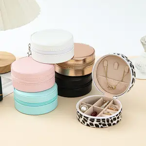 Wholesale Jewelry Box Round Portable PU Leather Zipper Close Necklace Ring Jewelry Storage Box for Travel