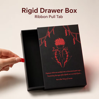 Boîte rigide noire personnalisée avec estampage à chaud rouge, ruban et languette de tirage, emballage vide pour épingles, badges, bijoux, boîte cadeau, vente en gros