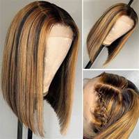 Peluca Bob Liso Doble Trama Sin Pegamento de Cabello Humano para Peluca Frontal de Encaje con Reflejos, Cabello Brasileño Virgen HD Completo