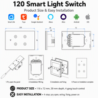 Services OEM ODM – Interrupteur mural intelligent Wi-Fi Smart Life en verre blanc 4 gangs pour système sans neutre (norme US) – Compatible Google Assistant et Alexa