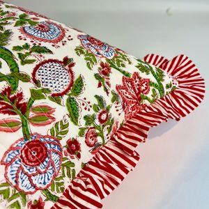 Ruffle <b>Throw</b> Pillow Covers Block Print Farmhouse Floral Hidden Zipper Boho Pillow Case or Cute <b>Outdoor</b> Pillow Case - Product Image 1