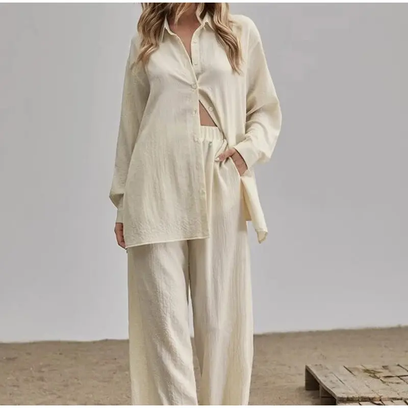 2023 OEM Custom Womens Linen Cotton Matching Set Solid Blouses Top Wide Leg Trousers Sweatsuit Casual Loose Two Piece Pants Set