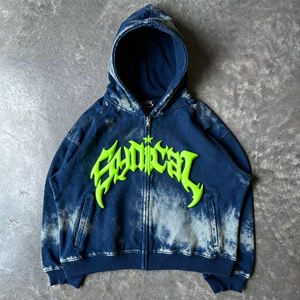 Acid Washed Distressed Zip-Up Hoodie für Herren mit gotischem Buchstaben für Puff Print Custom Streetwear für Trendy Urban Fashion Winter - Product Image 1