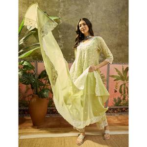 Offre Spéciale : Ensemble Kurti, Palazzos et Dupatta Vert Brodé en Pur Coton Coupe Classique pour Femme – Disponible au Prix Export - Product Image 4
