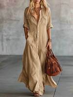 Robe chemise maxi en polyester à boutons avec manches retroussables et poches latérales, coupe décontractée ample pour femme