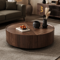 Table basse ronde moderne en bois de noyer avec cadre en écorce de noyer, table basse de salon simple et moderne avec rangement