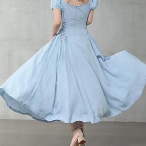 Vestido de Playa con Cinturón a Precio de Mayoreo, Vestido de Lino Vintage con Cuello de Lazo y Manga Corta, Vestido Elegante de Verano para Mujer - Product Image 3