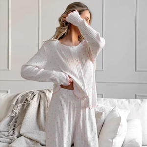 En stock, vêtements pour femmes à manches bouffantes, vêtements de détente pour femmes, pyjama mignon à imprimé cœur, vêtements de détente pour femmes, ensemble de pyjama en tricot pour femmes - Product Image 2